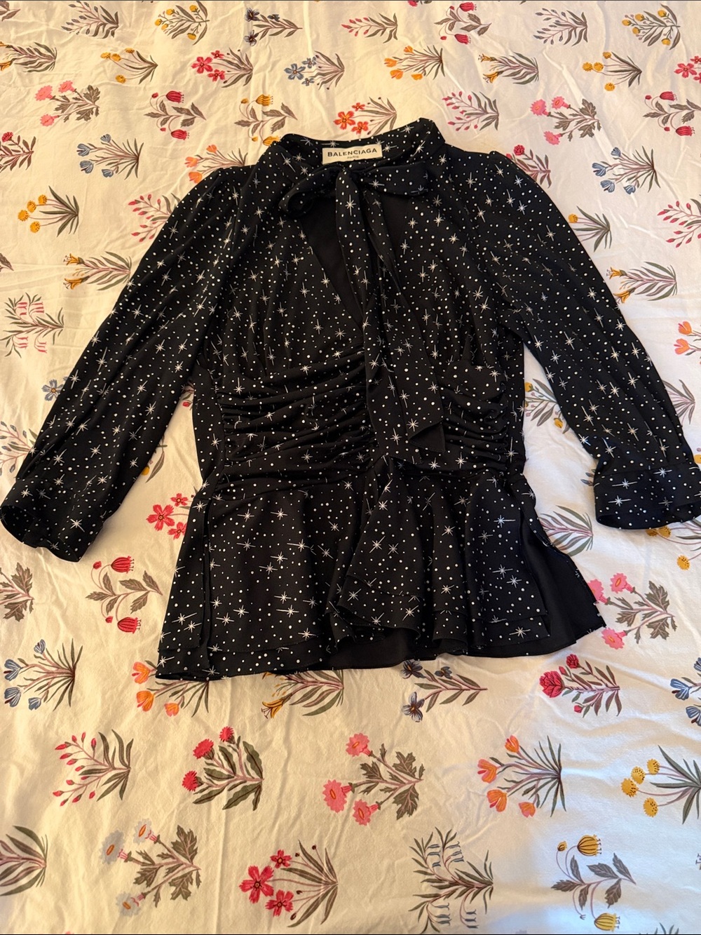 Balenciaga Black Star Print Silk Tie-Neck Blouse